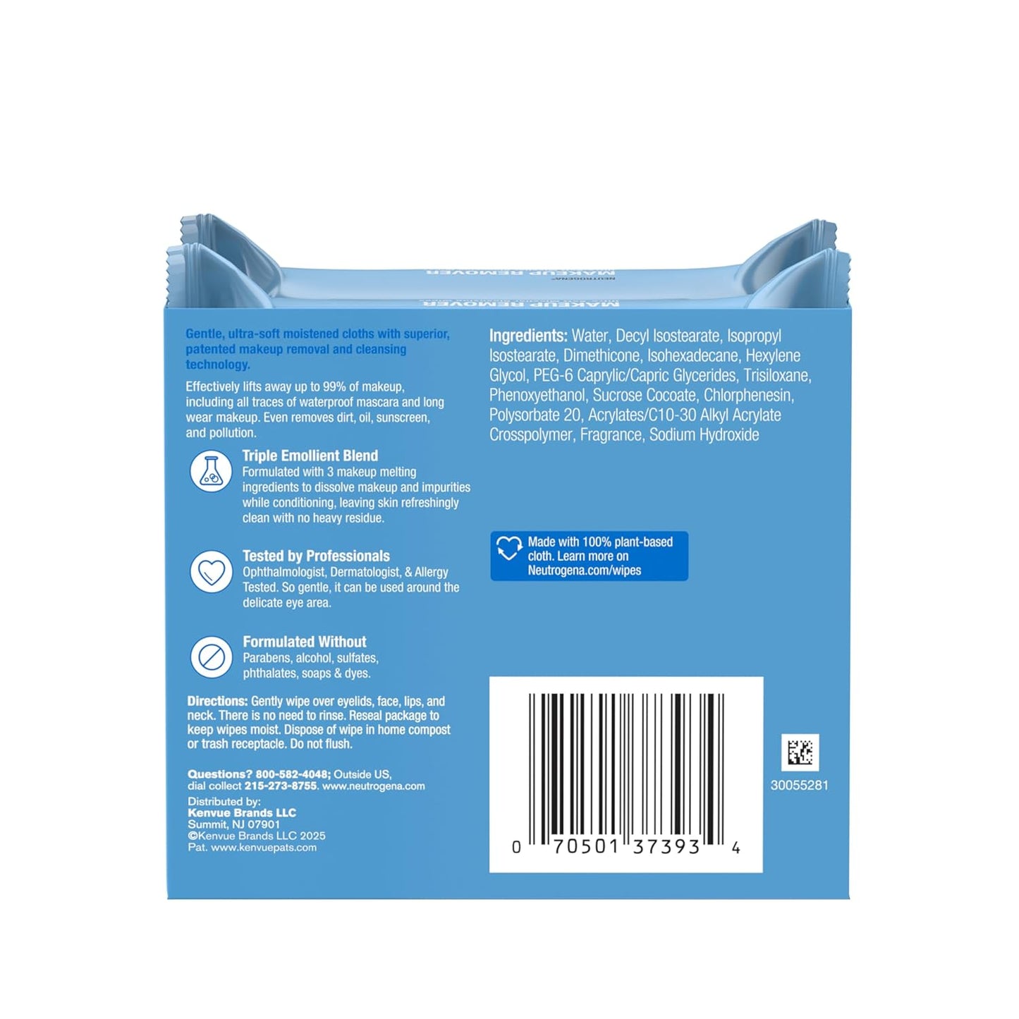 Makeup Remover Wipes Micellar Alcohol-Free Face Towelettes Remove Waterproof Mascara & Oil, Compostable 100% Plant-Based Cloth, Dermatologist & Ophthalmologist Tested, Twin Pack 2 X 25 Ct