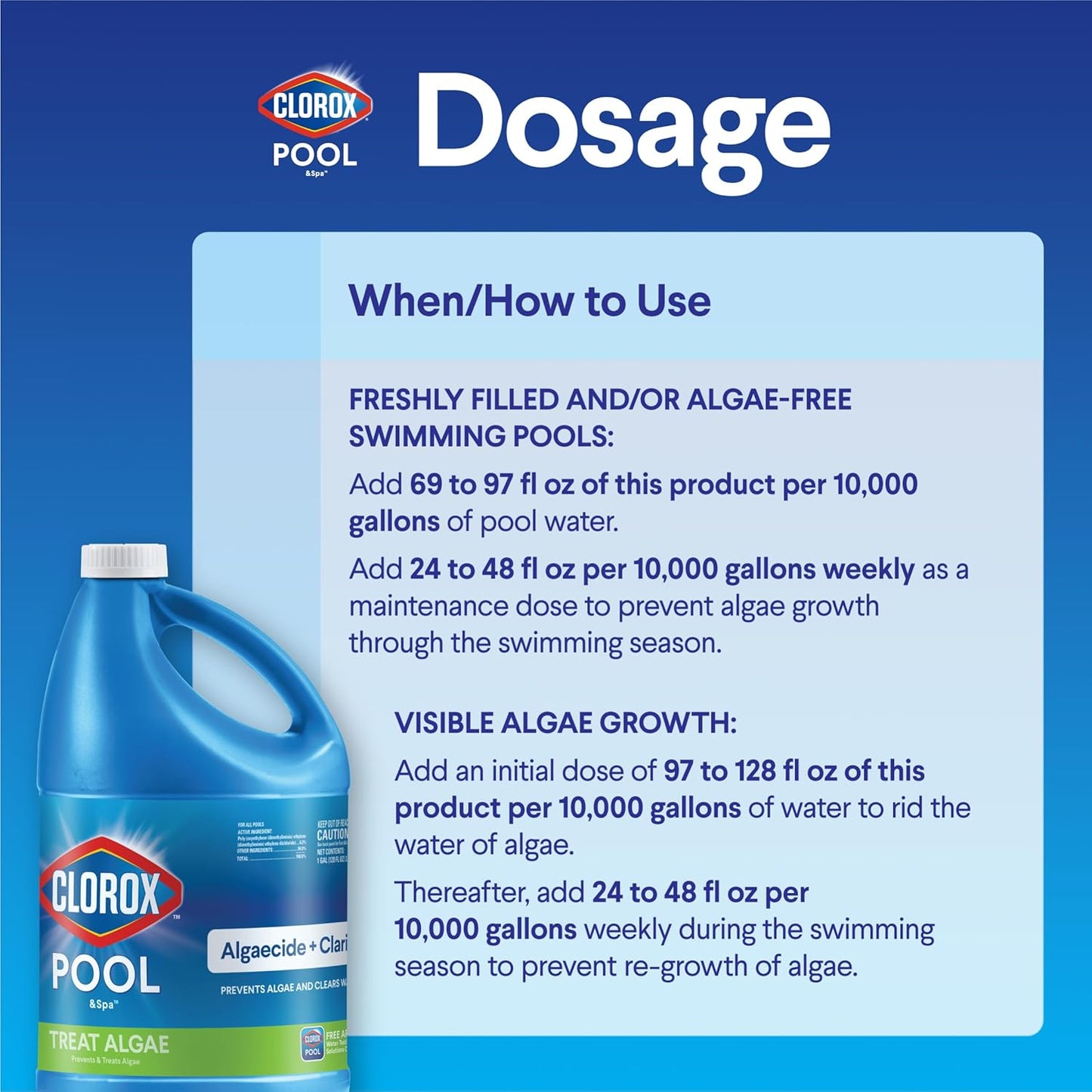 Crystal Clear Water Fast: Clorox Pool & Spa 2-in-1 Algaecide & Water Clarifier (1 Gallon / 128 Fl Oz) – Fast-Acting Green Pool Algae Treatment & Prevention.