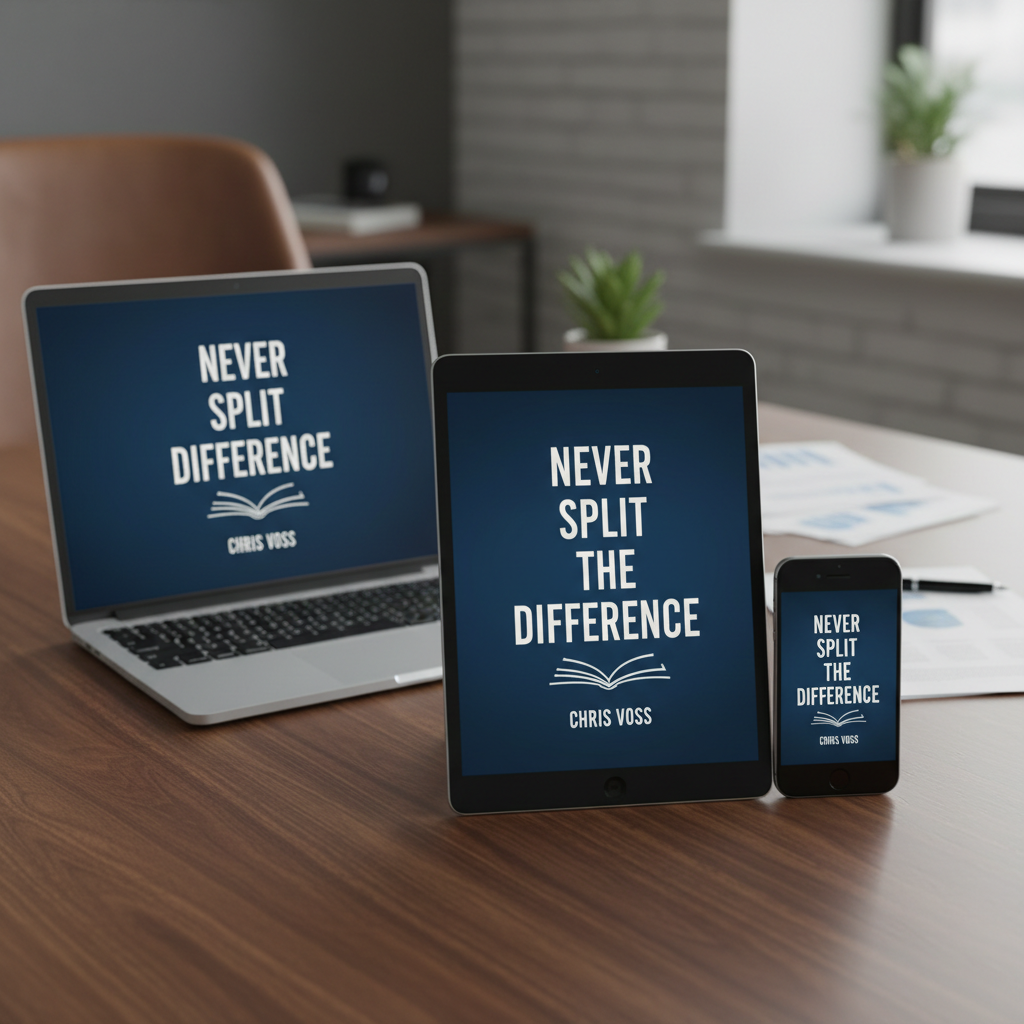 Never Split the Difference digital book displayed on multiple devices - tablet, smartphone, and laptop