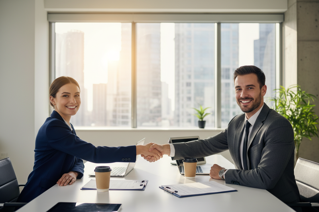 Professional business negotiation handshake representing successful deal
